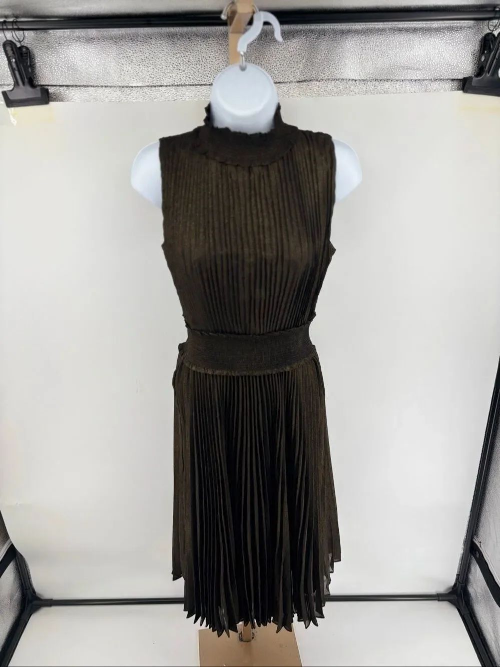 Nanette Lepore Dress Womens 4 Black Metallic Pleated Smocked Mock Neck MIDI